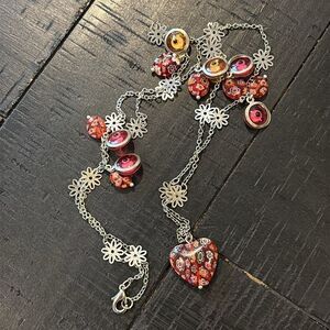 Millefiori Dangle Charm Red & White Heart Flower Shape Long Necklace